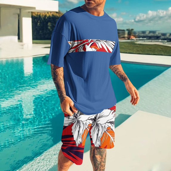 UVEASISHA Hawaiian Short Set for Men Big and Tall 2 Piece Beach Vacation Outfits Floral Print Tee Tops and Short Set Blue XXXL