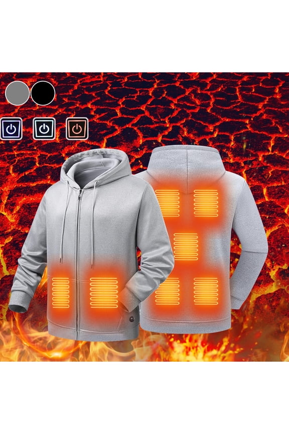 Heated Hoodies for Men Drawstring Long Sleeve Zip Up Sweatshirts Unisex 7 Zones Electric Heating Jackets Winter Fleece Warm Hooded Jacket Gray L