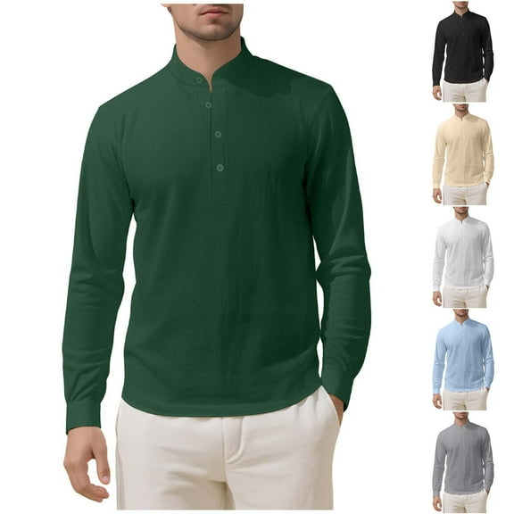 UVEASISHA Henley Linen Shirts for Men Long Sleeve Pullover Solid Color Casual Stand Collar Button T-Shirts Lightweight Quick Dry Beach Shirts Khaki M