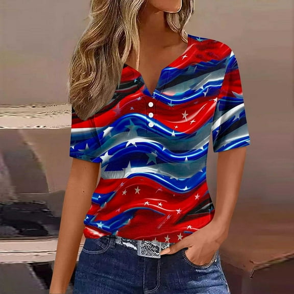 UVEASISHA Henley Shirts for Women Short Sleeve Stars and Stripes Graphic Tee Fashion Hipster Patriotic T-Shirt Multicolor L