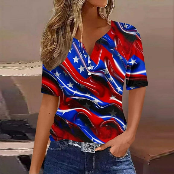 UVEASISHA Henley Shirts for Women Short Sleeve Stars and Stripes Graphic Tee Fashion Hipster Patriotic T-Shirt Multicolor S