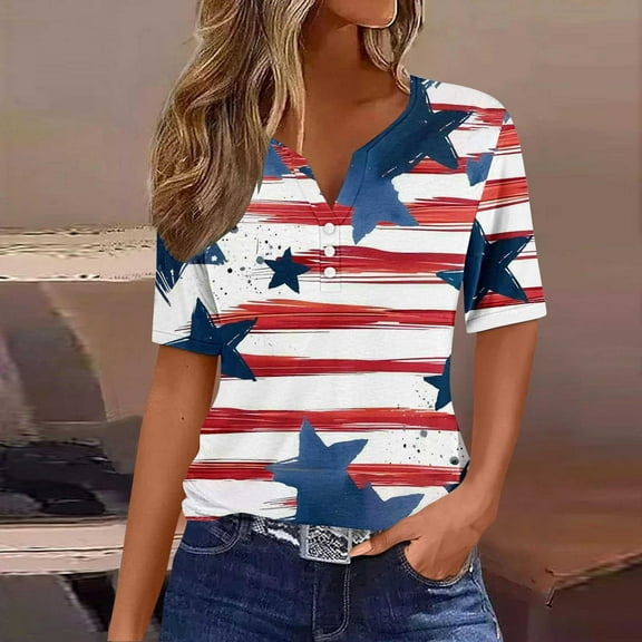 UVEASISHA Henley Shirts for Women Short Sleeve Stars and Stripes Graphic Tee Fashion Hipster Patriotic T-Shirt Multicolor XXXL