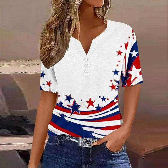 UVEASISHA Henley Shirts for Women Short Sleeve Stars and Stripes Graphic Tee Fashion Hipster Patriotic T-Shirt Multicolor XXXL