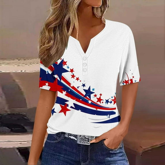 UVEASISHA Henley Shirts for Women Short Sleeve Stars and Stripes Graphic Tee Fashion Hipster Patriotic T-Shirt Multicolor XXXL