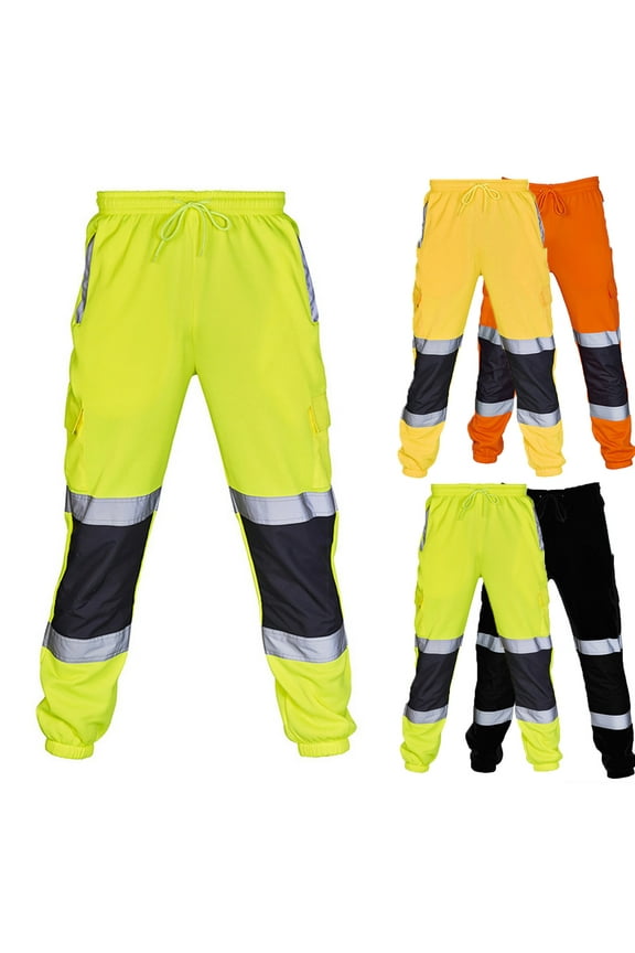High Visibility Cargo Pants for Men Drawstring Elastic Waist Road Work Pants Hi Vis Reflective Striped Safety Cargo Work Pants with Multi-Pocket Black XXL