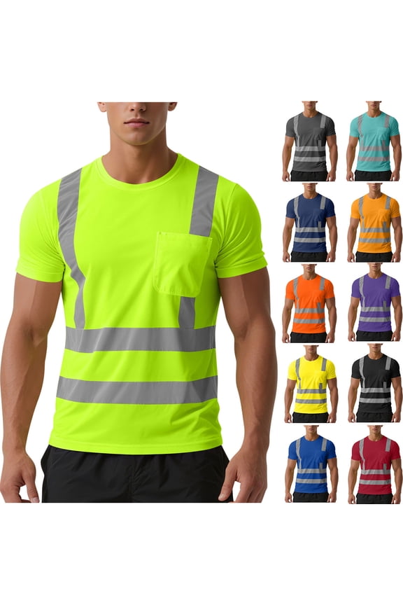 High Visibility Shirts for Men Mesh Quick Dry Safety T-Shirt Short Sleeve Reflective Strip Work Tees Outdoor Construction Summer Tops with Chest Pocket Red M
