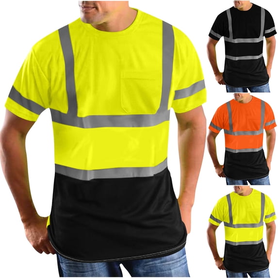 UVEASISHA High Visibility Shirts for Men Mesh Quick Dry Safety T Shirts with Reflective Strips Outdoor Hi Vis Construction Work Shirt Short Sleeve Pocket Tees Yellow M