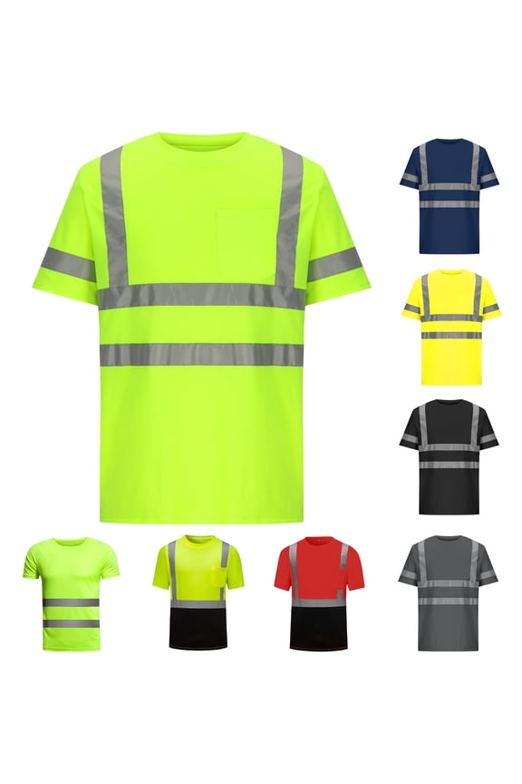 High Visibility Shirts Mens Quick Dry Safety T Shirts with Reflective Strips and Pocket Short Sleeve Breathable Hi Vis Construction Work Tees for Men Green M