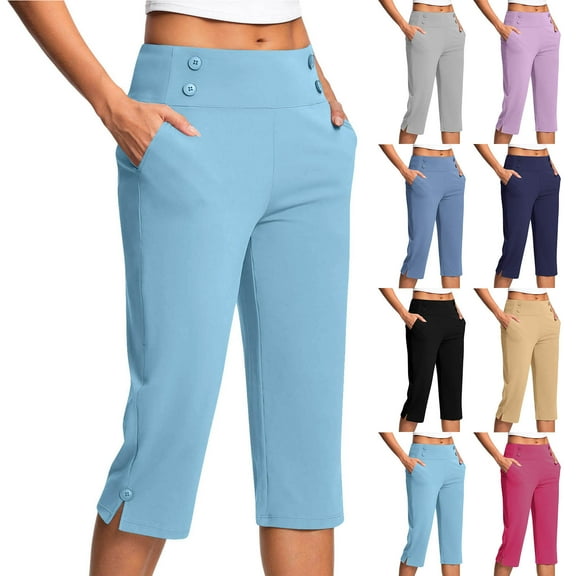 UVEASISHA High Waisted Capris for Women Cropped Dress Pants Office Work Pants Casual Summer Capri Pants with Pockets Hot Pink XL