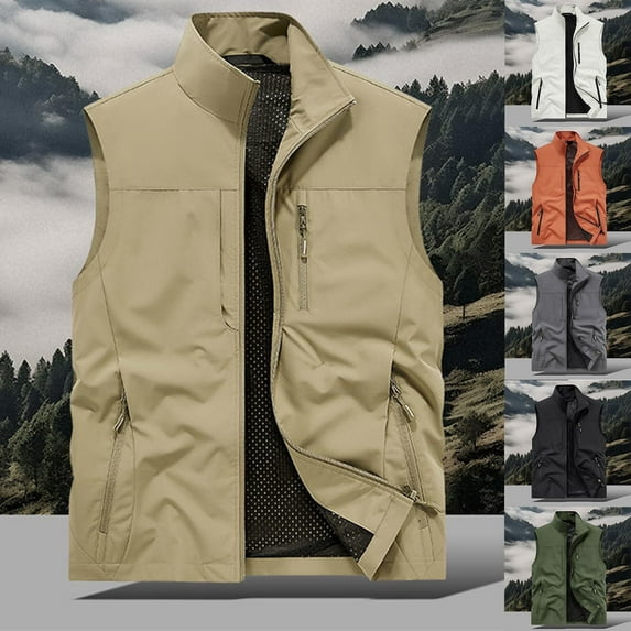 UVEASISHA Hiking Vest for Men Big and Tall Lightweight Cargo Vest Mesh Lined Quick Dry Fishing Waistcoat Full Zip Sleeveless Travel Jackets with Pockets White 4XL