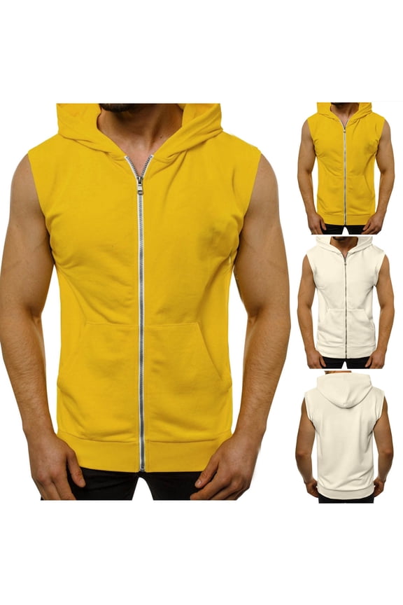 Hooded Tank Tops for Men Zip Up Bodybuilding Workout Hoodies Summer Sleeveless Cut Off Muscle T Shirt Gym Running Hoody Shirts with Pockets Yellow XXL