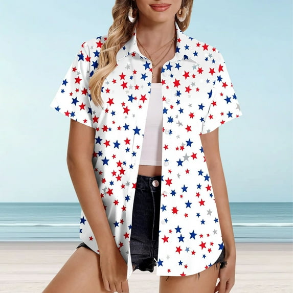 UVEASISHA Independence Day Patriotic Shirt for Women Hawaiian Casual Summer Tops 4th of July Collared Cardigan Shirts Multicolor#1 M