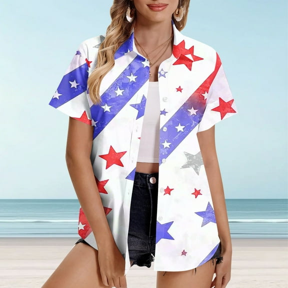 UVEASISHA Independence Day Patriotic Shirt for Women Hawaiian Casual Summer Tops 4th of July Collared Cardigan Shirts Multicolor#3 XXXXXL