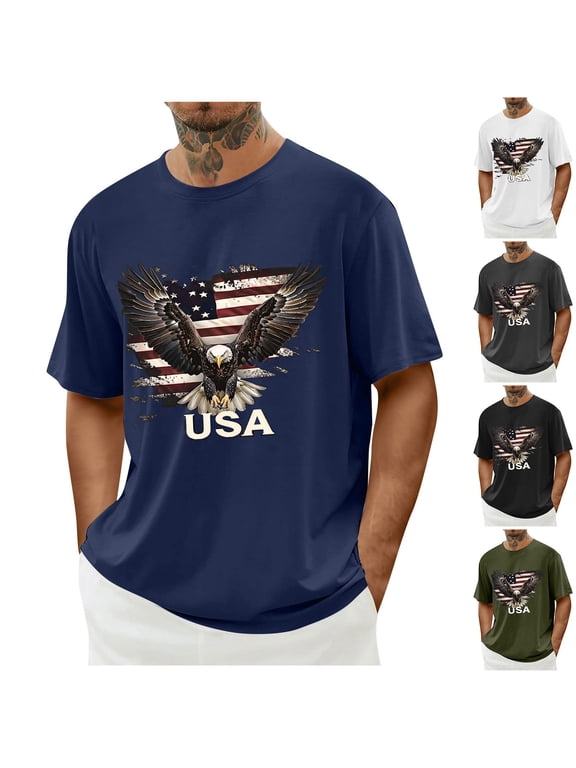 Independence Day Patriotic Tshirts for Men Short Sleeve American Flag Eagle Graphic Tee Summer Casual Going Out Tops Blue XL