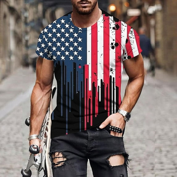 UVEASISHA Independence Day Patriotic Tshirts for Men Short Sleeve Stars and Stripes Graphic Tee Summer Fashion Hippie Tee Tops Navy M