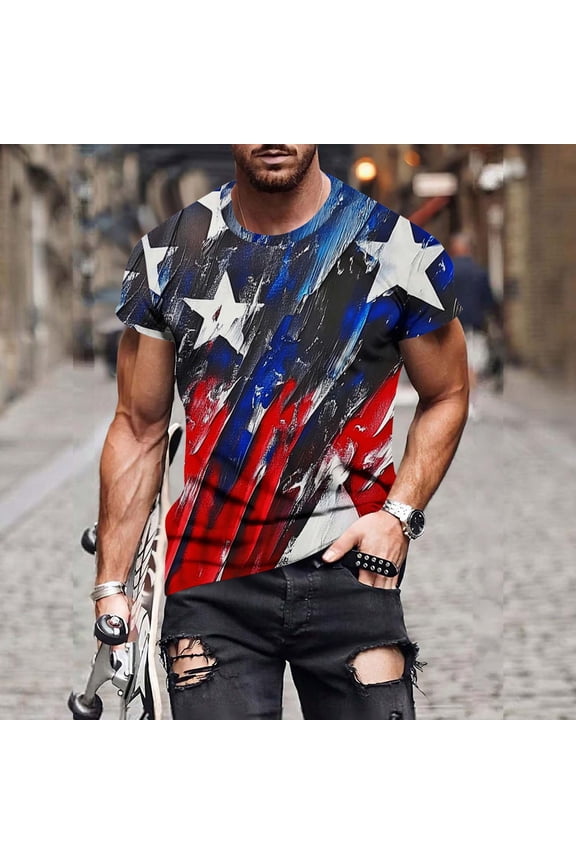 Independence Day Tshirts for Men Short Sleeve Novelty Print T-Shirts Loose Casual Going Out Tops Blue L