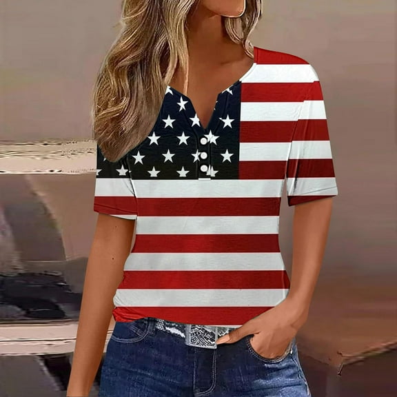 UVEASISHA Independence Day Tshirts for Women 3/4 Sleeve Henley Shirt Stars Print Graphic Tee Loose Casual Party Beach Tops Multicolor S