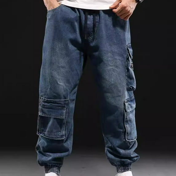 UVEASISHA Jogger Jeans for Men Big and Tall Cargo Pants Y2K Hip Hop Denim Pants Baggy Casual Flap Pockets Work Pants with Elastic Ankle Cuffs Prime Sales Today Blue L