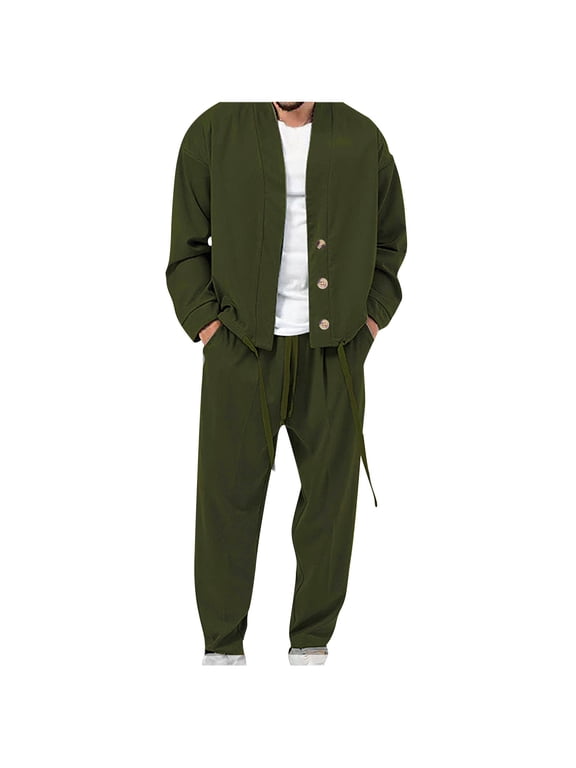 Jogger Sets for Men 2 Piece Casual Lapel Button Jacket Sweatsuit Drawstring Long Pants Tracksuit Outfits Fall Loose Sport Suit Set