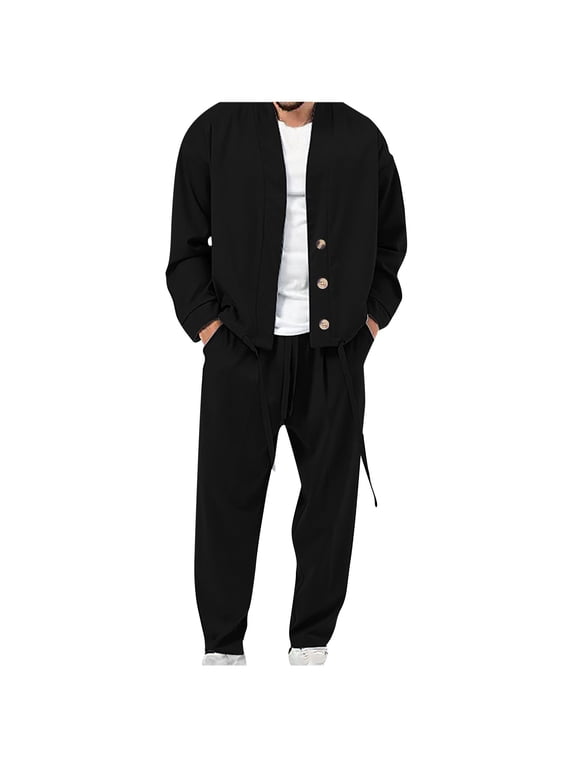 Jogger Sets for Men 2 Piece Casual Lapel Button Jacket Sweatsuit Drawstring Long Pants Tracksuit Outfits 2025 Fall Loose Sport Suit Set Sales Today