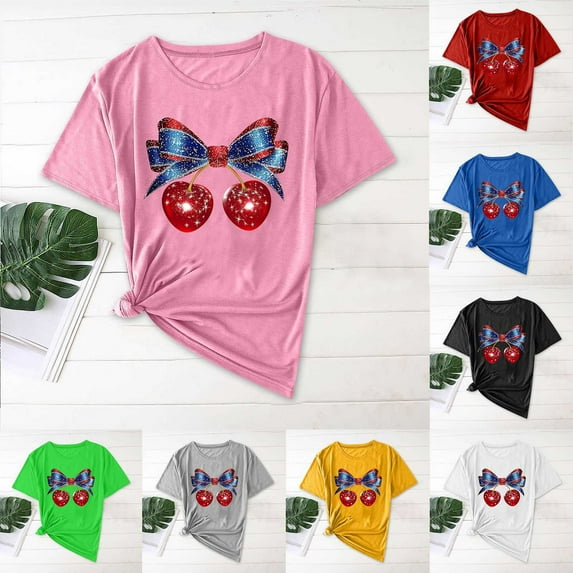 UVEASISHA July 4th Patriotic Tops for Women Short Sleeve Cute Print Graphic Tee Summer Casual Going Out T-Shirt Yellow XXXL