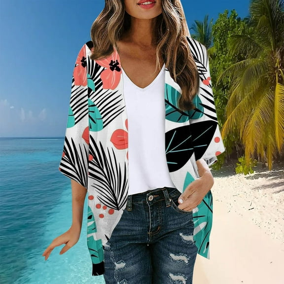 UVEASISHA Kimono Cardigan for Women 3/4 Sleeve Loose Open Front Coverups Casual Tropical Print Cardigans A-White XL