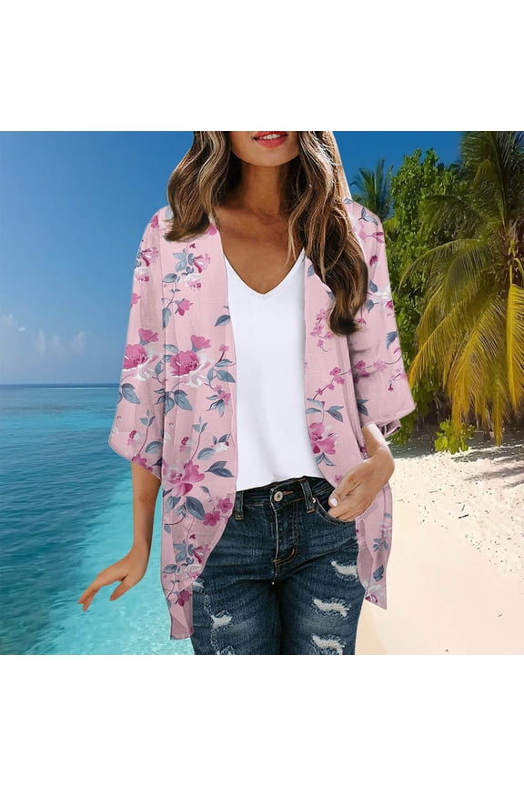 Kimono Cardigan for Women 3/4 Sleeve Loose Open Front Coverups Casual Tropical Print Cardigans Pink L