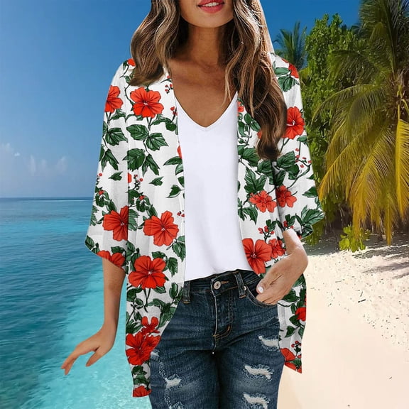 UVEASISHA Kimono Cardigan for Women 3/4 Sleeve Loose Open Front Coverups Casual Tropical Print Cardigans Red L