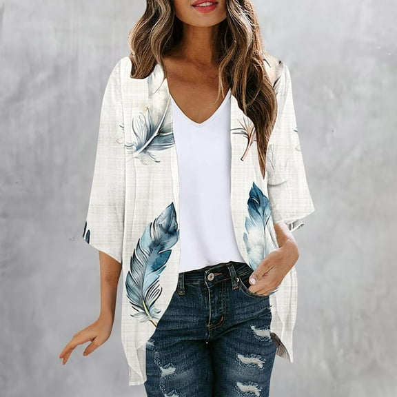 UVEASISHA Kimonos Cardigans for Women,Women Kimono Cardigans Casual Summer Tops Cover up Open Front Floral Print Resort Wear Puff Sleeve Beach Kimonos,Beige,L