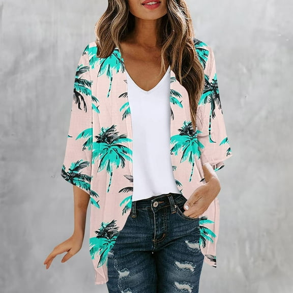UVEASISHA Kimonos for Women Casual,Women Kimono Cardigans Casual Summer Tops Cover up Open Front Floral Print Resort Wear Puff Sleeve Beach Kimonos,Pink,M