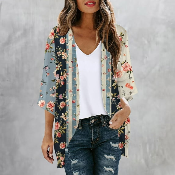 UVEASISHA Kimonos for Women Casual,Womens Kimonos Floral Print Lightweight Chiffon Kimonos Cardigan Puff Sleeve Loose Beach Wear Cover Up Blouse Tops 2025 Sales Today,Multicolor,L