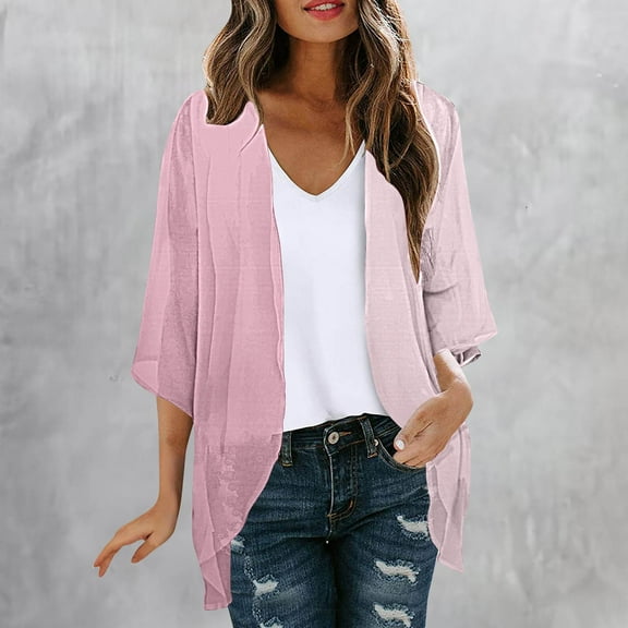 UVEASISHA Kimonos for Women Womens Cardigan Lightweight Summer Solid 3/4 Sleeve Duster Cardigans Casual Comfort Open Front Kimonos Cover Up Blouse Pink M