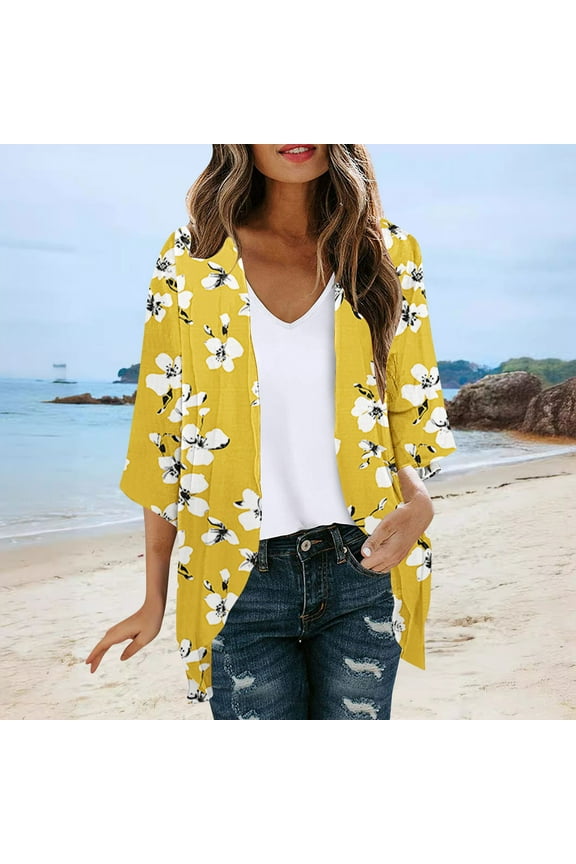 Kimonos for Women,Womens Chiffon Cardigan Tops Summer Casual Beach Kimono Swimsuit Coverup Open Front Floral Print Half Sleeve Blouse 2025 Spring Sales,Yellow,XL