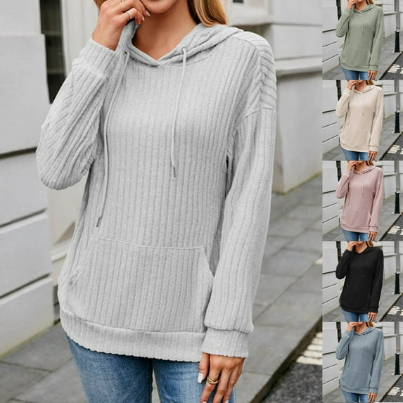 UVEASISHA Knit Hoodies for Women Long Sleeve Casual Solid Color Sweatshirts Drawstring Hooded Pullover Tops Lightweight Soft Sweatshirt with Pocket Spring Sales,Beige,M