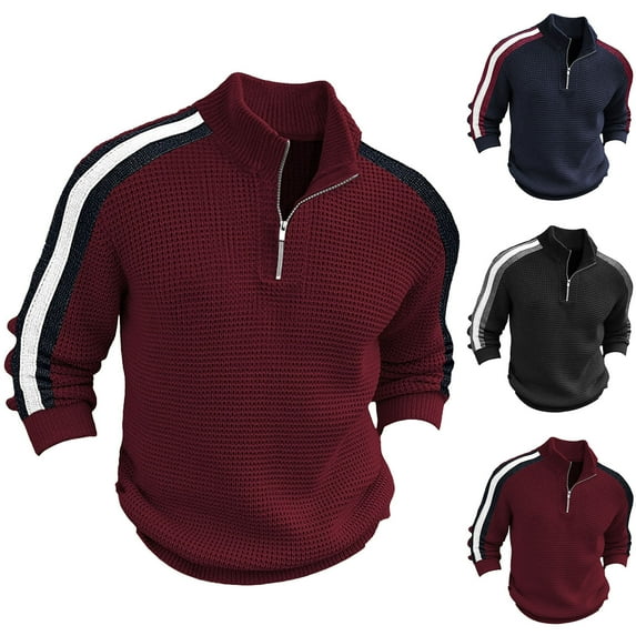 UVEASISHA Knitted Sweatshirt for Men Half Zip Stand Collar Vintage Pullover Sweaters Cable Knit Casual Color Block Sweater Tops Winter Clothes Fall Savings Wine M