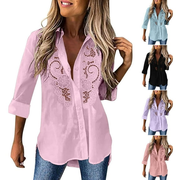 UVEASISHA Lace Cardigans for Women Long Sleeve Lapel Button Down Cardigans Casual Hollow Out Business Clothes Pink L