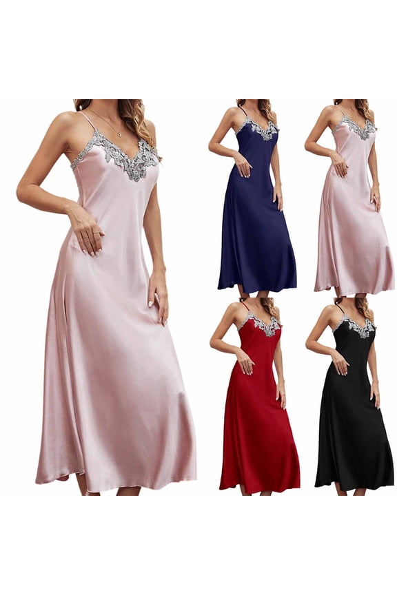 UVEASISHA Lace Long Nightgowns for Women V Neck Adjustable Spaghetti Strap Night Dresses Silky Soft Long Slip Pajama Dress Red S