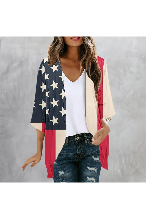 Ladies Kimonos,Women's Summer Beach American Flag Chiffon Kimono Cardigans Sheer Open Front Cover Ups Tops Dressy Hawaiian Vacation 2024 Deal of The Day,Blue,S
