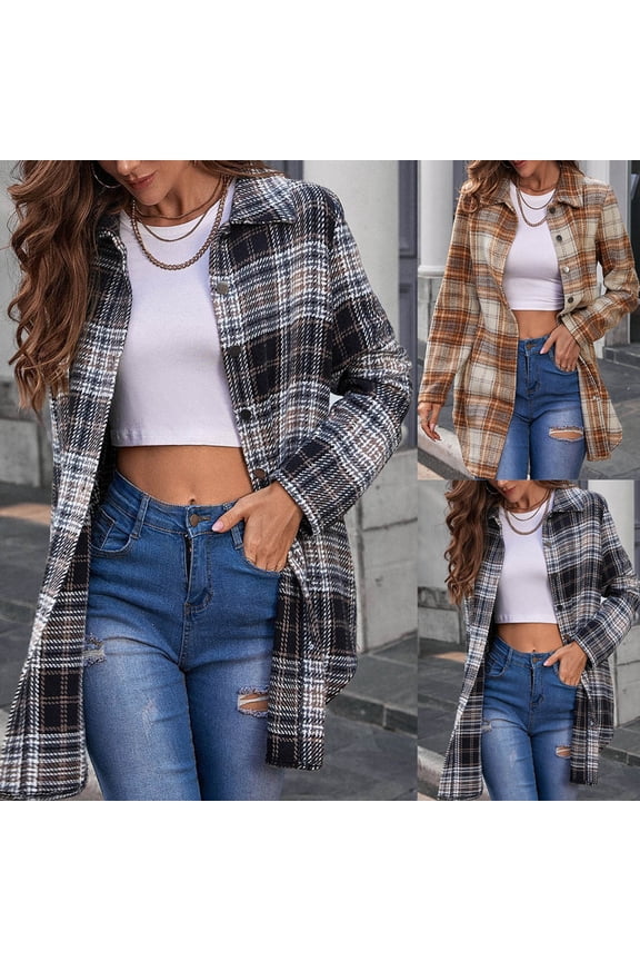 Ladies Shacket Jacket 2025 Fall Business Casual Plaid Shirts Lightweight Long Sleeve Button Down Shirt Jackets with Pockets Clearance Sales Today,Khaki,S