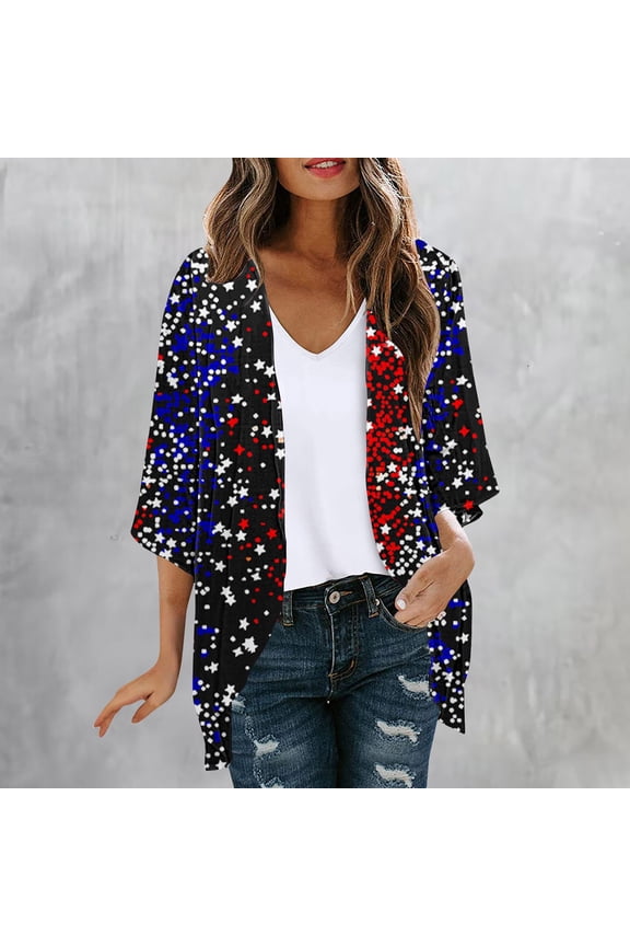 Ladies Summer Kimono,Women's Summer Beach American Flag Chiffon Kimono Cardigans Sheer Open Front Cover Ups Tops Dressy Hawaiian Vacation 2025 Prime Sales of The Day,Black,M