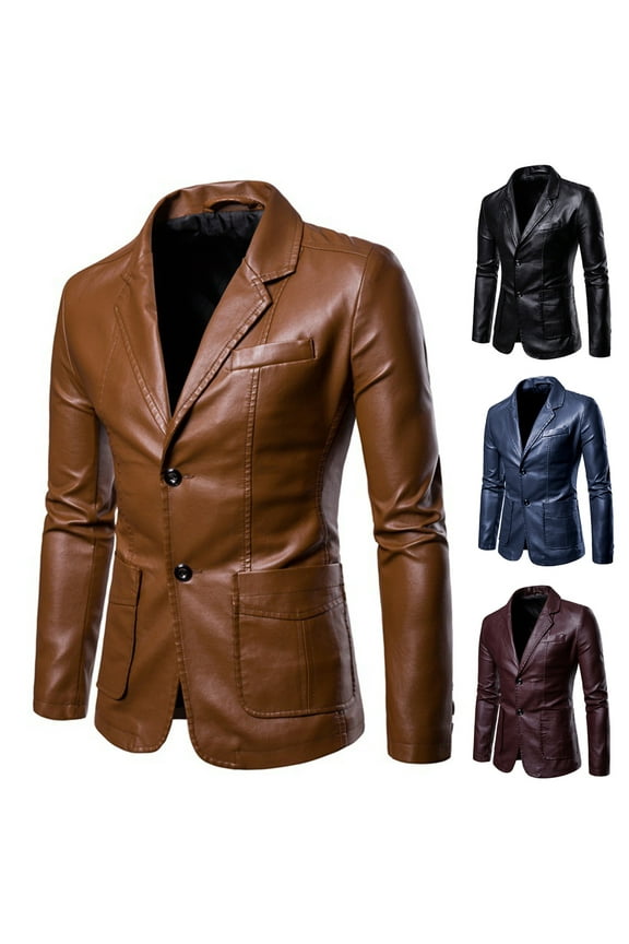 Leather Suit Jacket for Men Fashion Slim Fit Notched Lapel Moto Blazer Jackets Faux Leather Casual Single-breasted Lightweight Coats with Pockets Wine 3XL