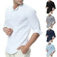 thumbnail image 1 of UVEASISHA Cotton Linen Henley Shirts for Men Roll Up Long Sleeve Button-up Collarless T-Shirt Loose Fit Casual Golf Shirts Summer Lightweight Beach Shirt White M, 1 of 5