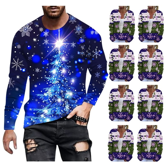 UVEASISHA Men's Christmas Long Sleeve Tee Shirt Comfy Crewneck Xmas Tree Print T-Shirts for Men Big And Tall Casual Slim Fit Workout Tees Multicolor 4XL