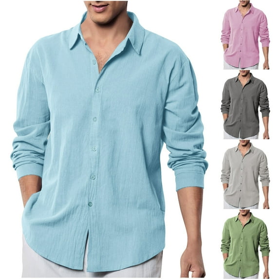 UVEASISHA Mens Solid Color Button Down Shirt Lightweight Long Sleeve Lapel Shirts Loose Fit Casual Beach Shirt Summer Wedding Dress Shirts Sky Blue L