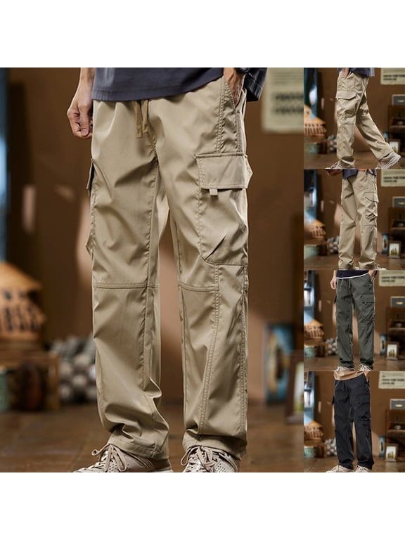 Drawstring Cargo Pants for Men Big and Tall Casual Straight Wide Leg Pants Elastic Waist Lightweight Hiking Pants Loose Work Pants with Pockets Khaki XL