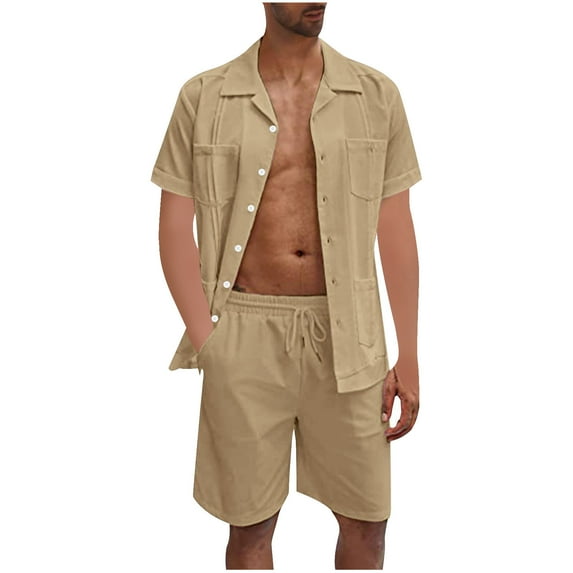 UVEASISHA Men's Linen 2 Pieces Beach Outfit Cotton Set Short Sleeve Button Down Shirts Summer Beach Shorts Casual Outfits Khaki