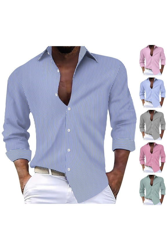 Mens Formal Dress Shirts Striped Long Sleeve Button Down Shirt Office Casual Business Work Shirts Fashion Regular Fit Wedding Party Shirt Blue XL