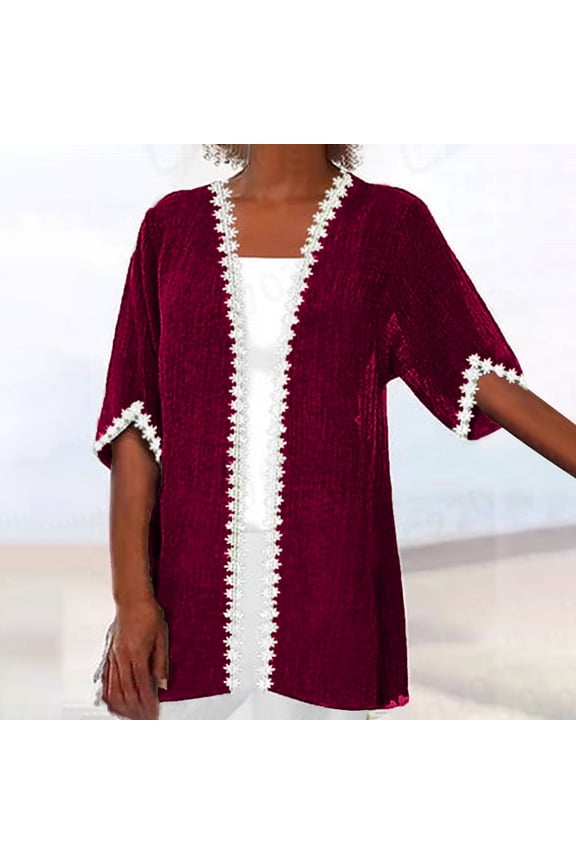 Lightweight Cardigan for Women Short Sleeve Open Front Kimono Cardigans Plus Size Summer Beach Coverups Wine M