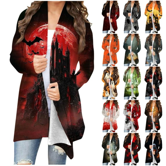 UVEASISHA Lightweight Cardigans For Women Long Sleeve Halloween Print Open Front Draped Cardigan Festival Outfits Multicolor S