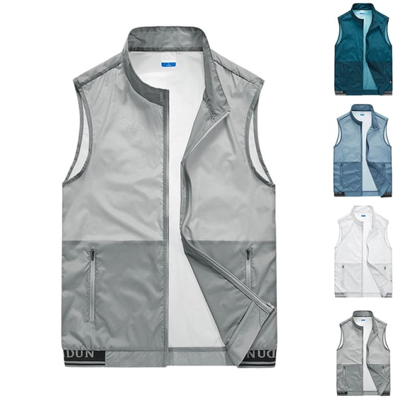 UVEASISHA Lightweight Hiking Vest for Men Waterproof Fishing Vest Outdoor Quick Dry Sleeveless Running Vest Stand Collar Casual Sports Vest with Pockets Light Blue XL